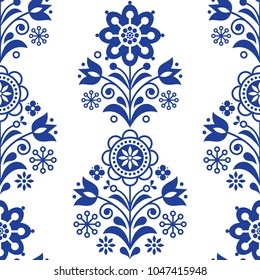 Scandinavian seamless folk art vector pattern, floral navy blue repetitive design, Nordic ornament with flowers.

Retro style decoration, Scandi endless background perfect for textile design, greeting