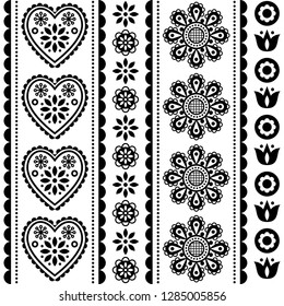 Scandinavian seamless folk art vector pattern with flowers and hearts, black and white Nordic ornament design - long stripes. Traditional floral monochrome background, retro style 