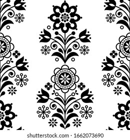 Scandinavian seamless folk art vector pattern, floral black and white repetitive design, Nordic ornament with flowers. Retro style monochrome decoration, Scandi endless background perfect for textile 