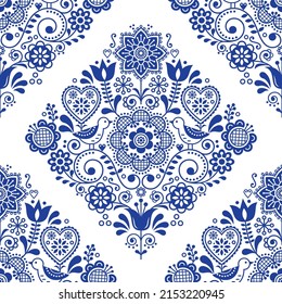 Scandinavian seamless folk art vector pattern with birds and flowers, cute Nordic navy blue repetitive floral design - textile or fabric print decor. Retro style navy blue ornament