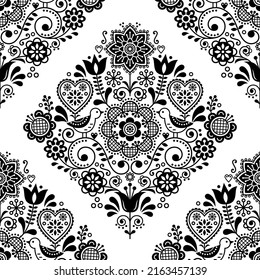 Patrón de vectores de arte folclórico sin costura escandinavo con aves y flores, decoración de impresión nórdica o textil en blanco y negro. Ornamento monocromo estilo retro, fondo repetitivo escandaloso