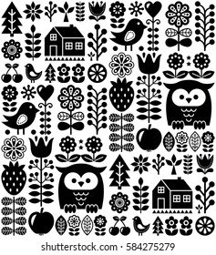 Scandinavian seamless folk pattern - black Finnish folk art, Nordic style  