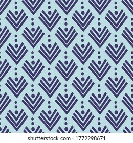 Scandinavian seamless geometric pattern of corners and dots in  blue. Suitable for the design of Wallpaper, poster, clothing, textiles, packaging paper. Chevron
