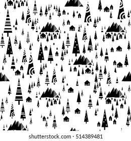 Scandinavian seamless interior pattern with fir-trees, houses and mountains. Geometric abstract background. Stock vector.