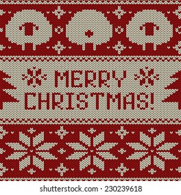 Scandinavian seamless knitted pattern with funny cute sheep, snowflakes and greeting text Merry Christmas