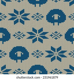 Scandinavian seamless knitted pattern with funny cute sheep and snowflakes 
