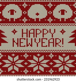 Scandinavian seamless knitted pattern with funny cute sheep, snowflakes and greeting text Happy New Year