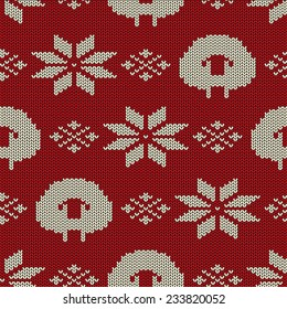 Scandinavian seamless knitted pattern with funny cute sheep and snowflakes 