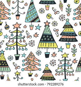 Scandinavian seamless patter. Christmas trees. Cartoon image for wallpapers, postcards, your design and business