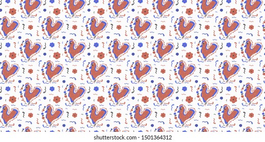 Scandinavian seamless pattern of abstract roosters, lines and flowers on a light background. Design for textile, wallpaper, fabric, wrapping, etc. Vector.