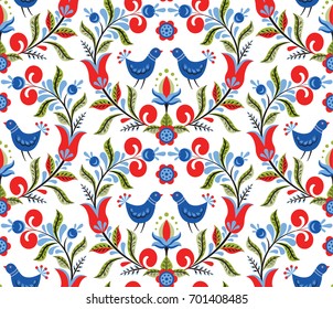 Scandinavian seamless pattern with birds and flowers