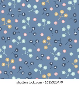Scandinavian seamless pattern with blossoms and branches on blue background. Perfect for holiday greeting cards, wallpaper, gift paper, seasonal decorations, interior