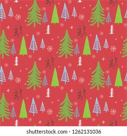 scandinavian seamless pattern of Christmas tree and snowflakes vector hand-drawing graphics.