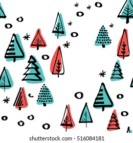 Scandinavian seamless pattern of Christmas tree vector hand-drawing graphics.
