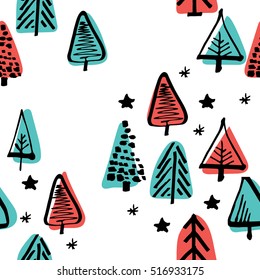 Scandinavian seamless pattern of Christmas tree vector hand-drawing graphics. Christmas pattern for wrapping paper and festive decoration of Christmas and Happy new year 2017.