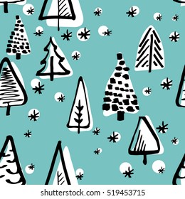 Scandinavian seamless pattern of Christmas tree vector hand-drawing graphics.