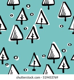 Scandinavian seamless pattern of Christmas tree vector hand-drawing graphics.
