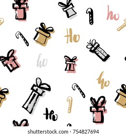 Scandinavian seamless pattern of Christmas. Pattern for wrapping paper and festive decoration of Christmas and Happy new year 2018. Vector pattern of gift boxes and candies for packing Christmas gifts