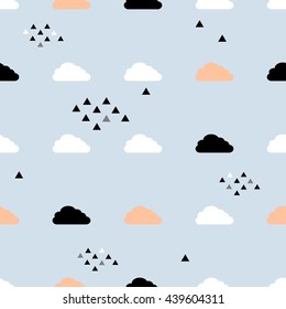 Scandinavian Seamless pattern. Clouds texture. Minimalistic background. White, blue, black colors