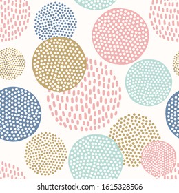 Scandinavian seamless pattern with colorful dotted circles on white background. Perfect for holiday greeting cards, wallpaper, gift paper, seasonal decorations, interior