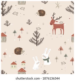 Scandinavian seamless pattern with cute animals, house, trees,  and landscape elements. Hand drawn vector illustration.