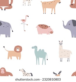 Scandinavian seamless pattern with cute animals. Nordic endless background, wallpaper with happy childish characters. Kids repeating print, texture design. Flat vector illustration for textile, decor