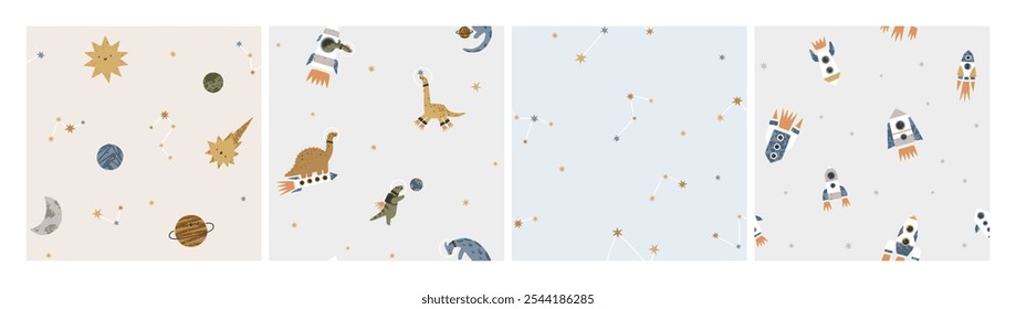 Padrão escandinavo sem costura com dinossauros bonitos, planetas, estrelas, foguetes no espaço. Design de astronomia infantil sem fim no estilo escandinavo. Ilustrações vetoriais planas definidas para papel de parede, têxtil, tecido