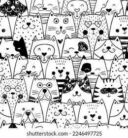 Patrón escandinavo sin costuras con lindos gatos de doodle. Ilustración vectorial. Se puede usar para textiles, papel pintado, tela, envoltura, ropa.