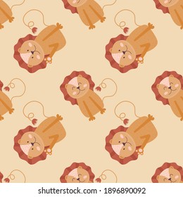 Scandinavian seamless pattern with cute lion cubs on beige background. Vector illustration of Scandinavian animals for childrens room decoration. Childrens modern design.