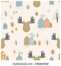 Scandinavian seamless pattern with cute moose, house, trees, and landscape elements. Hand drawn vector illustration.