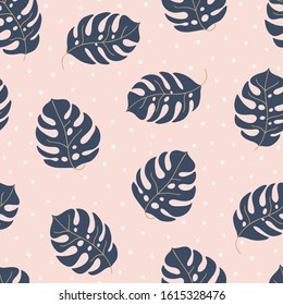 Scandinavian seamless pattern with dark monstera leaves, dots on pink background. Perfect for holiday greeting cards, wallpaper, gift paper, seasonal decorations, interior