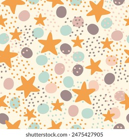 Patrón escandinavo sin fisuras con diferentes Formas, estrellas, puntos y manchas sobre un fondo amarillo suave. Para tarjetas, Anuncios, carteles, flyer, invitación de fiesta, embalaje, papel de embalaje y diseño de tela