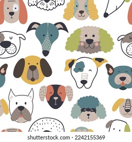 Scandinavian seamless pattern with dog faces. Vector illustration isolated on a white background.  It can be used for wallpaper, nursery, paper, textile. 