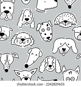 Scandinavian seamless pattern with dog faces. Vector illustration isolated on a white background.  It can be used for wallpaper, nursery, paper, textile. 