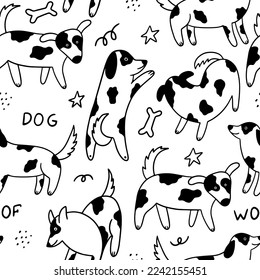 Scandinavian seamless pattern with doodle dogs. Vector illustration isolated on a white background.  It can be used for wallpaper, nursery, paper, textile. 