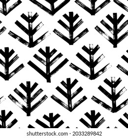 Scandinavian seamless pattern with fir trees. Black on white herringbone motif. Vector winter pattern with stylized pine trees. Tribal background. Fabric design, wallpaper decoration, wrapping paper