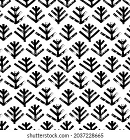 Patrón escandinavo sin fisuras con abetos. Negro sobre el motivo de la arenilla blanca. Patrón de invierno vectorial con pinos estilizados. Fondo tribal. Diseño de tejidos, decoración de papel pintado, papel envolvente