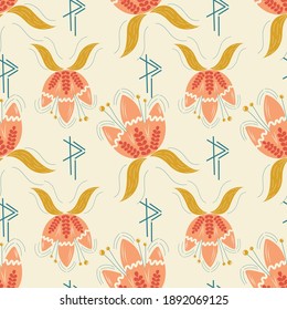 Scandinavian seamless pattern with flower and symbols. Vector illustration of endless patterns for decorating design in folk floral simple Scandinavian style.
