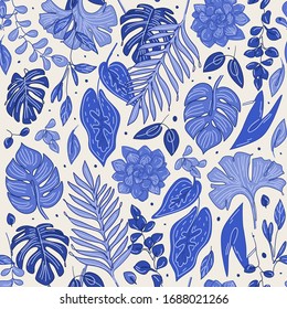 Scandinavian seamless pattern with flowers. Leaves and flowers doodle hand drawn pattern. Scketch texture seamless floral pattern with blue ink effect. Vector illustration. 