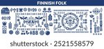 Scandinavian seamless pattern, Folk art vector round ornamental,  Retro style navy blue ornament, finnish folk set of icon. 