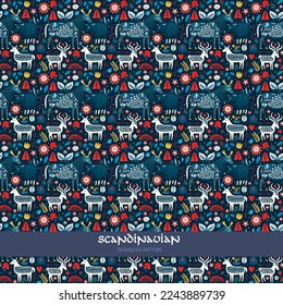 Scandinavian seamless pattern. Scandinavian Folk Art with Nordic animals, deers and floral decoration. Vector wallpaper
