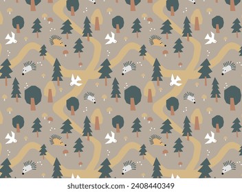 Scandinavian seamless pattern with forest animals, birds, mushrooms, hedgehogs, trees and flowers. Hand drawn flat vector background.