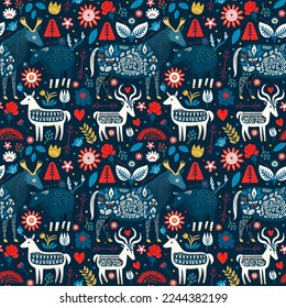 Skandinavisches nahtloses Muster.  Waldwild im Volksstil. Skandinavische handgezeichnete Ornamente mit nordischen Tieren, Hirsch und Blumen. Traditionelle schwedische Folklore. Vektorhintergrund