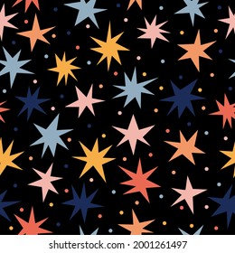Scandinavian seamless pattern with hand drawn stars. Cute background with colored shooting stars. Vector illustration