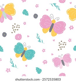 Scandinavian seamless pattern with hand-drawn colorful butterfly, flowers, and leafs. Creative baby,kids style texture for fabric, wrapping, textile, wallpaper, apparel. Surface pattern design.