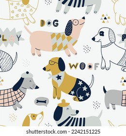 Scandinavian seamless pattern with hand-drawn dachshunds. Vector background with cartoon dogs. It can be used for wallpaper, nurseries, apparel, and textile. 