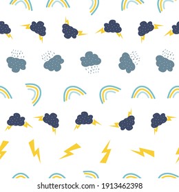 Patrón escandinavo sin fisuras con arcos de lluvia dibujados a mano, iluminación y nubes. textura de estilo infantil creativa para tela, envoltura, 
textil, papel pintado, vestimenta. Diseño de patrones de superficie.