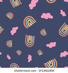 Scandinavian seamless pattern with hand-drawn rainbows, love, and clouds. Creative kids style texture for fabric, wrapping, 
textile, wallpaper, apparel. Surface pattern design.