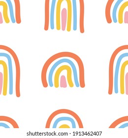 Scandinavian seamless pattern with hand-drawn rainbows, love, and clouds. Creative kids style texture for fabric, wrapping, 
textile, wallpaper, apparel. Surface pattern design.