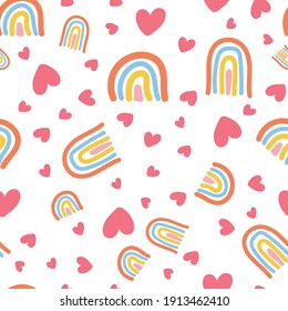 Scandinavian seamless pattern with hand-drawn rainbows, love, and clouds. Creative kids style texture for fabric, wrapping, 
textile, wallpaper, apparel. Surface pattern design.